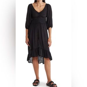 Velvet Torch Ruched Front Midi Dress. Black. Medium
